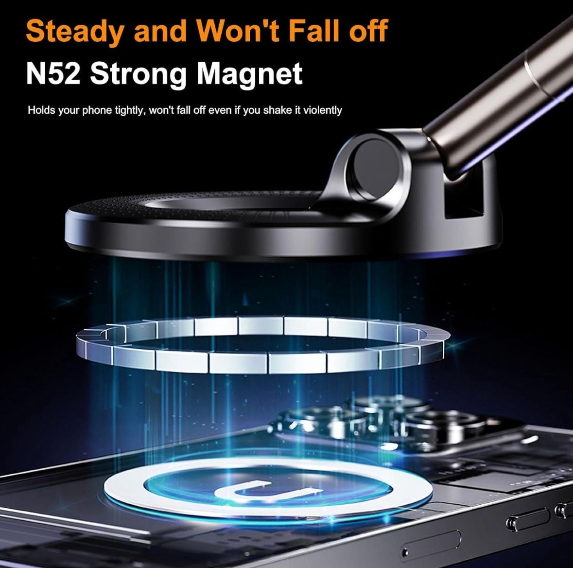 🌀 360° Magnetic Car Phone Mount 🚗📱
This sleek and futuristic device is a foldable magnetic car phone holder, perfect for keeping your smartphone secure while driving. It comes with a strong suction base, adjustable arm, and 360° rotatable magnetic ring