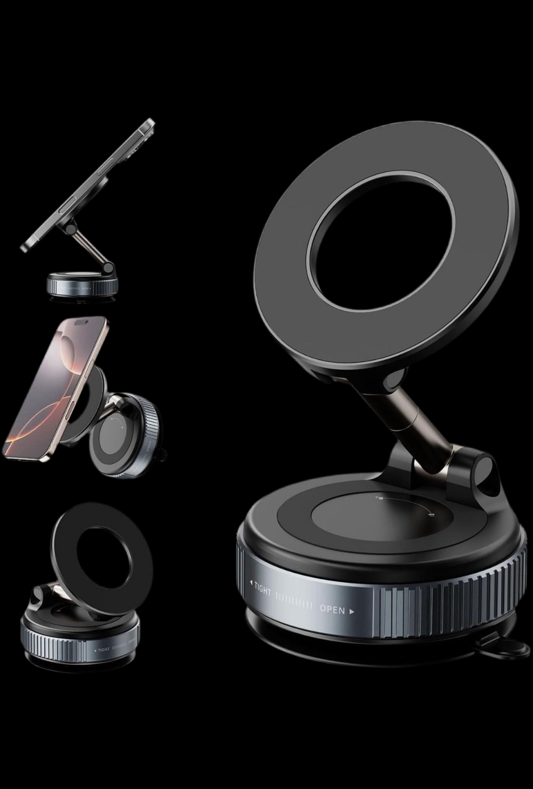 🌀 360° Magnetic Car Phone Mount 🚗📱
This sleek and futuristic device is a foldable magnetic car phone holder, perfect for keeping your smartphone secure while driving. It comes with a strong suction base, adjustable arm, and 360° rotatable magnetic ring
