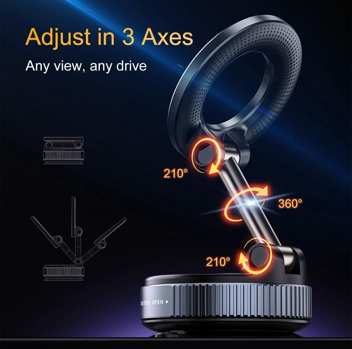 🌀 360° Magnetic Car Phone Mount 🚗📱
This sleek and futuristic device is a foldable magnetic car phone holder, perfect for keeping your smartphone secure while driving. It comes with a strong suction base, adjustable arm, and 360° rotatable magnetic ring