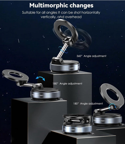 🌀 360° Magnetic Car Phone Mount 🚗📱
This sleek and futuristic device is a foldable magnetic car phone holder, perfect for keeping your smartphone secure while driving. It comes with a strong suction base, adjustable arm, and 360° rotatable magnetic ring